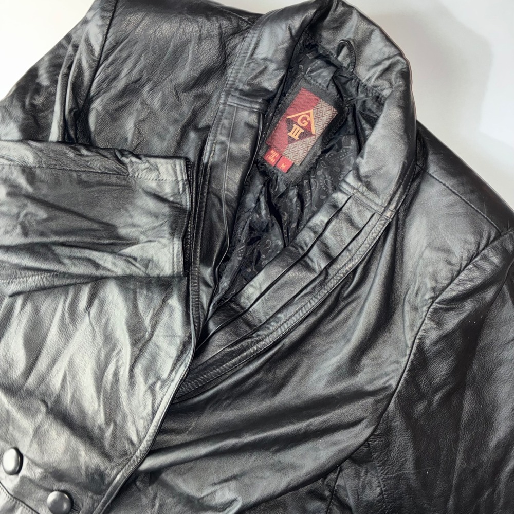 G-III Black Genuine Leather Long Coat Medium Double Breasted Trench Jacket
